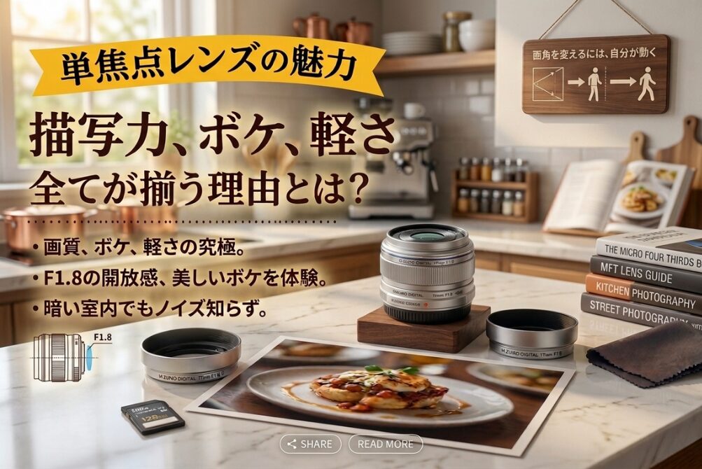 机に置かれた単焦点レンズの画像