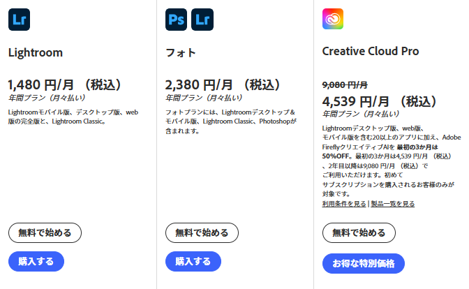 Adobe公式サイトの料金プラン選択画面