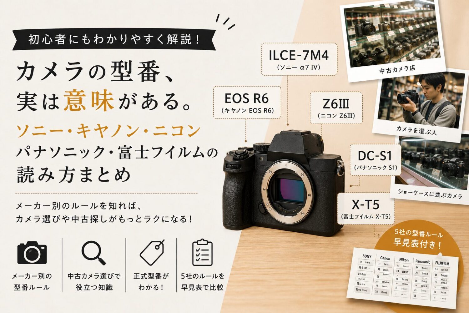 カメラの型番、実は意味がある。ソニー・キヤノン・ニコン・パナソニック・富士フイルムの読み方まとめの記事のアイキャッチ画像