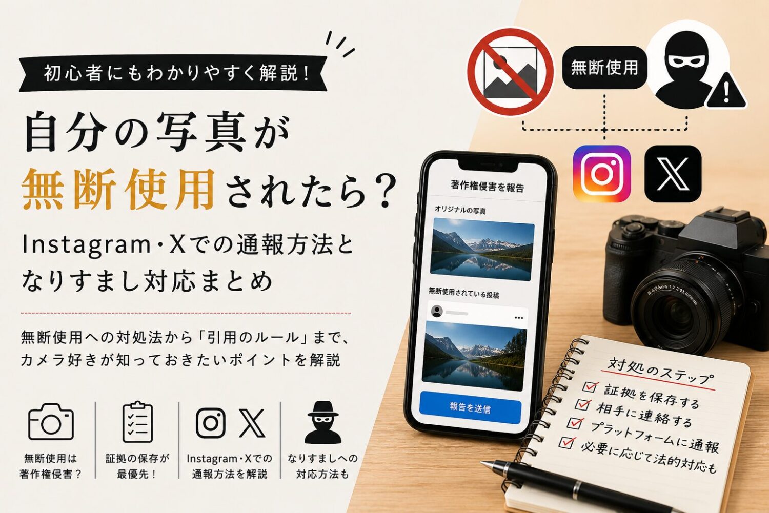 写真を無断使用されたら？Instagram・Xの通報方法となりすまし対策の記事のアイキャッチ画像