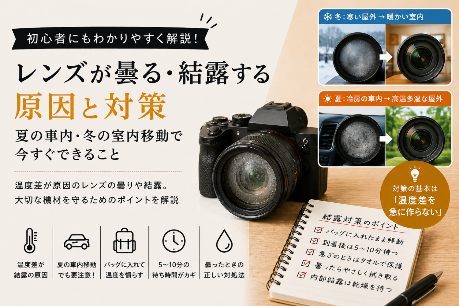 レンズが曇る・結露する原因と対策夏の車内・冬の室内移動で今すぐできることの記事のアイキャッチ画像