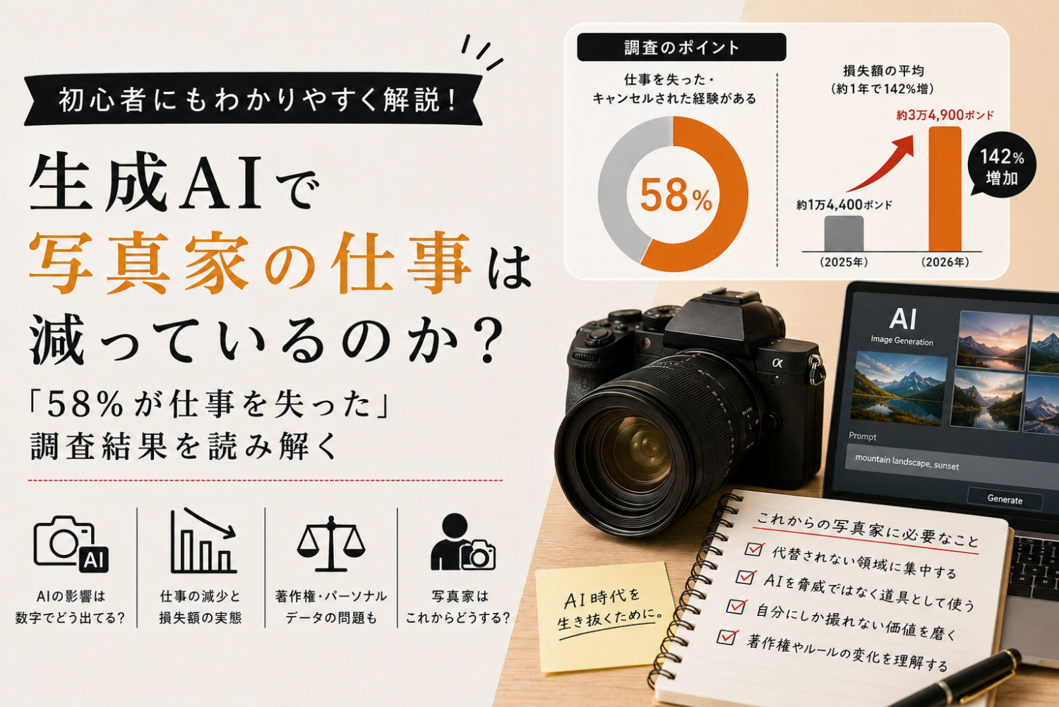 生成AIで写真家の仕事は減っているのか「58%が仕事を失った」調査結果を読み解く投稿記事のアイキャッチ画像